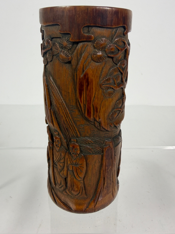Antique Chinese Hand Carved Bamboo Bitong Brush Pot Depicting Scholars In A Pine Grove Landscape 5.5'H [Photo 5]