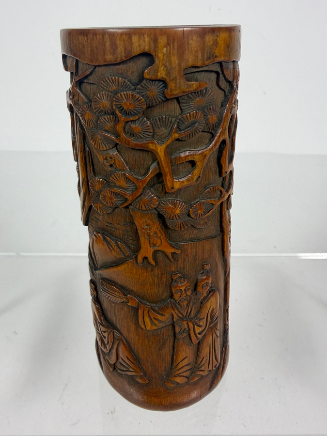 Antique Chinese Hand Carved Bamboo Bitong Brush Pot Depicting Scholars In A Pine Grove Landscape 5.5'H [Photo 3]