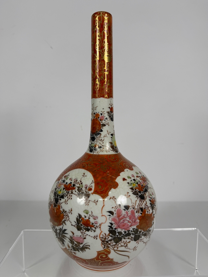 Antique Meiji Period Japanese Kutani Watahei Porcelain Long Neck Vase Signed Dai Nippon Kutani Zo Watadaira Sei 12'H [Photo 5]