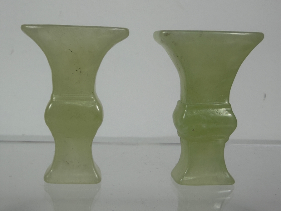 Pair Of Vintage Chinese Light Green Bowenite Serpentine Jade Miniature Gu Vases In Original Presentation Box 2.25'H [Photo 4]