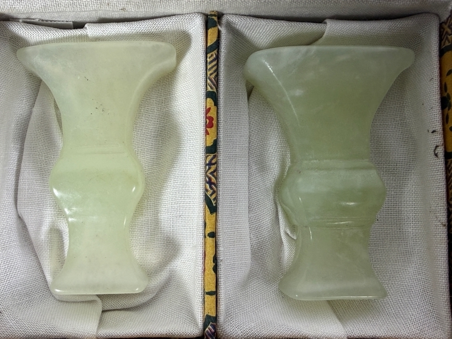 Pair Of Vintage Chinese Light Green Bowenite Serpentine Jade Miniature Gu Vases In Original Presentation Box 2.25'H [Photo 2]
