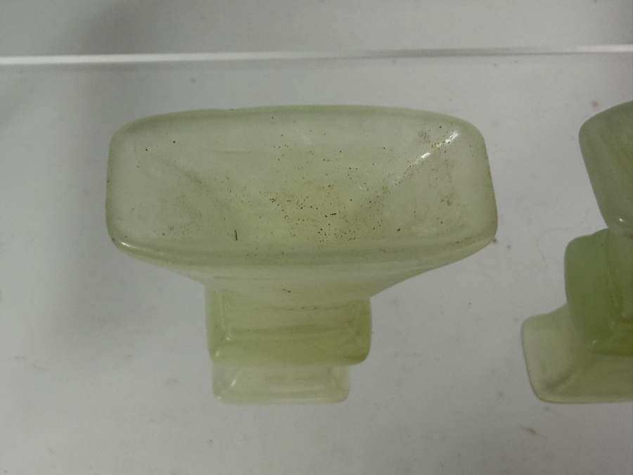 Pair Of Vintage Chinese Light Green Bowenite Serpentine Jade Miniature Gu Vases In Original Presentation Box 2.25'H [Photo 5]