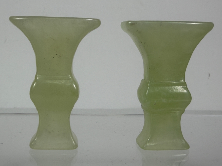 Pair Of Vintage Chinese Light Green Bowenite Serpentine Jade Miniature Gu Vases In Original Presentation Box 2.25'H [Photo 3]
