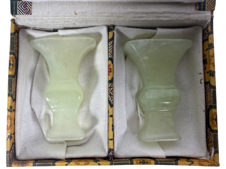 Pair Of Vintage Chinese Light Green Bowenite Serpentine Jade Miniature Gu Vases In Original Presentation Box 2.25'H