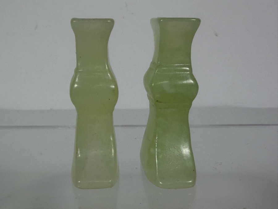 Pair Of Vintage Chinese Light Green Bowenite Serpentine Jade Miniature Gu Vases In Original Presentation Box 2.25'H [Photo 9]