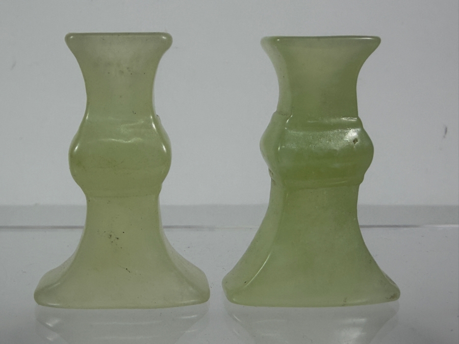 Pair Of Vintage Chinese Light Green Bowenite Serpentine Jade Miniature Gu Vases In Original Presentation Box 2.25'H [Photo 6]