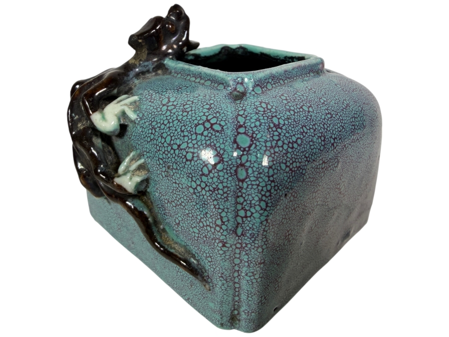 Antique Chinese Qing Dynasty Robin Egg Glazed Porcelain Square Scholar's Water Pot Used for Chinese Calligraphy and Painting With Applied Chilong Dragon 2.5'W X 2'D X 2'H