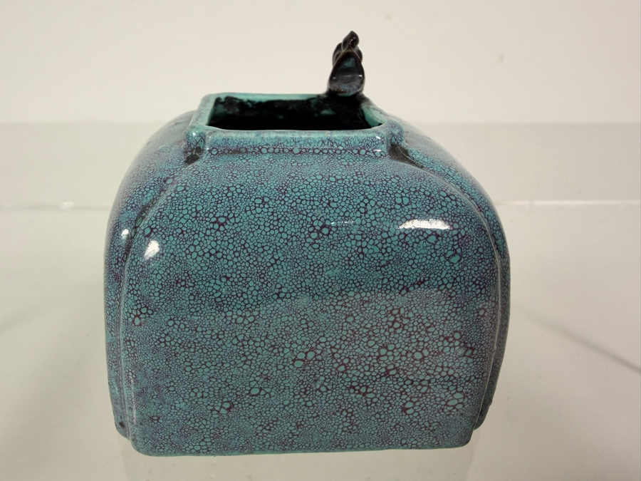 Antique Chinese Qing Dynasty Robin Egg Glazed Porcelain Square Scholar's Water Pot Used for Chinese Calligraphy and Painting With Applied Chilong Dragon 2.5'W X 2'D X 2'H [Photo 8]