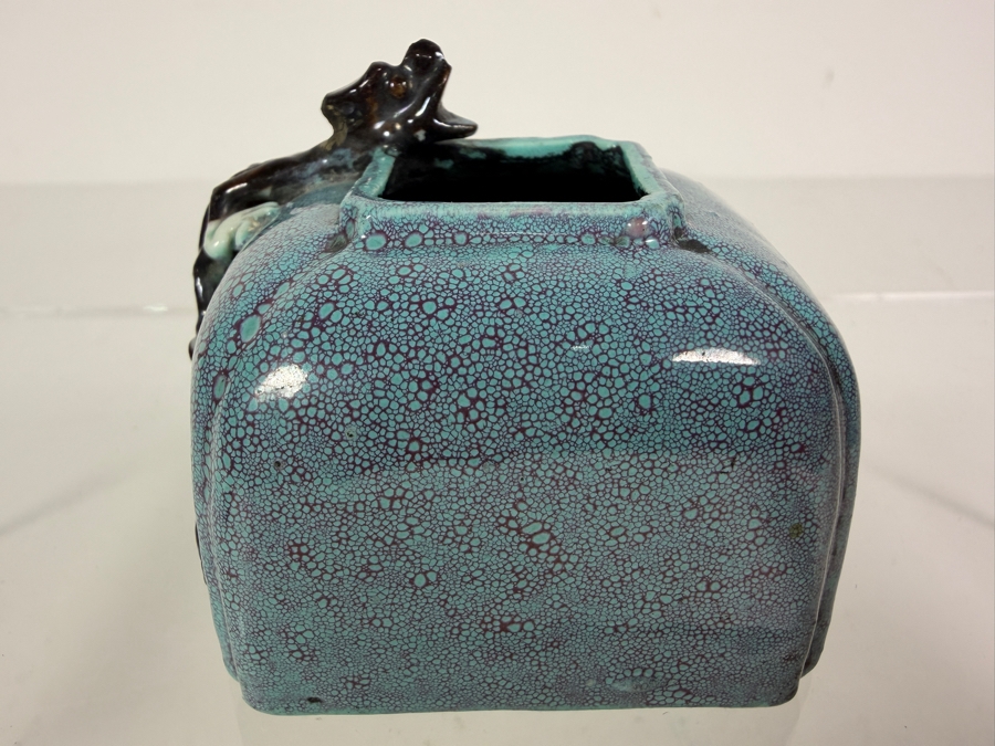 Antique Chinese Qing Dynasty Robin Egg Glazed Porcelain Square Scholar's Water Pot Used for Chinese Calligraphy and Painting With Applied Chilong Dragon 2.5'W X 2'D X 2'H [Photo 7]