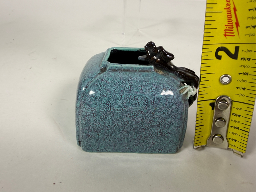 Antique Chinese Qing Dynasty Robin Egg Glazed Porcelain Square Scholar's Water Pot Used for Chinese Calligraphy and Painting With Applied Chilong Dragon 2.5'W X 2'D X 2'H [Photo 14]