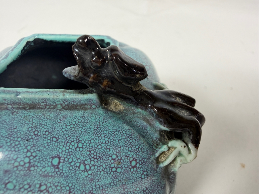 Antique Chinese Qing Dynasty Robin Egg Glazed Porcelain Square Scholar's Water Pot Used for Chinese Calligraphy and Painting With Applied Chilong Dragon 2.5'W X 2'D X 2'H [Photo 11]