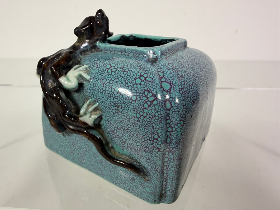 Antique Chinese Qing Dynasty Robin Egg Glazed Porcelain Square Scholar's Water Pot Used for Chinese Calligraphy and Painting With Applied Chilong Dragon 2.5'W X 2'D X 2'H [Photo 3]