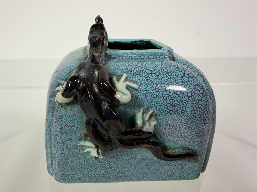 Antique Chinese Qing Dynasty Robin Egg Glazed Porcelain Square Scholar's Water Pot Used for Chinese Calligraphy and Painting With Applied Chilong Dragon 2.5'W X 2'D X 2'H [Photo 2]