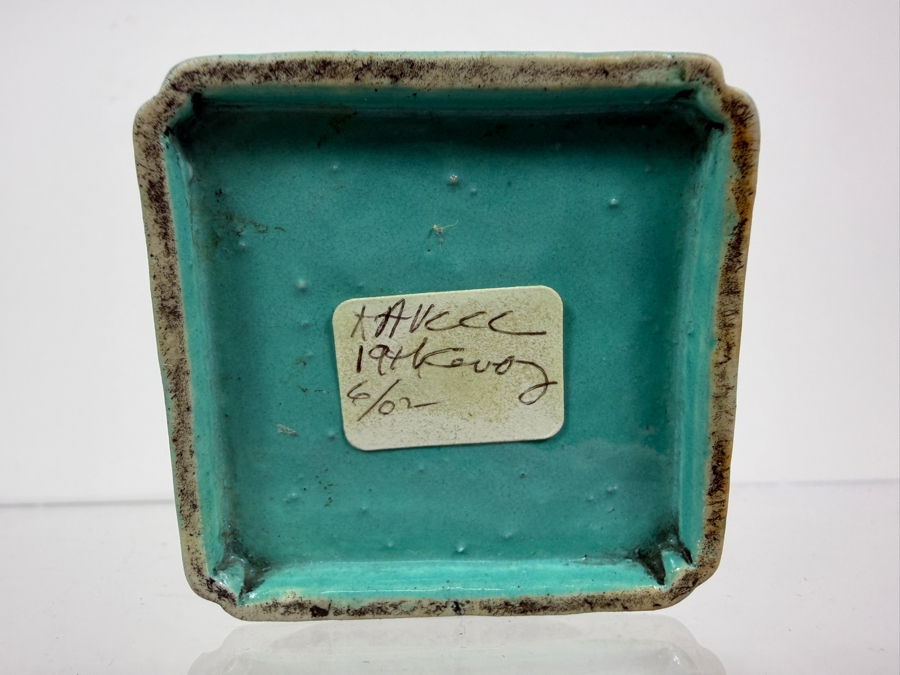 Antique Chinese Qing Dynasty Robin Egg Glazed Porcelain Square Scholar's Water Pot Used for Chinese Calligraphy and Painting With Applied Chilong Dragon 2.5'W X 2'D X 2'H [Photo 9]