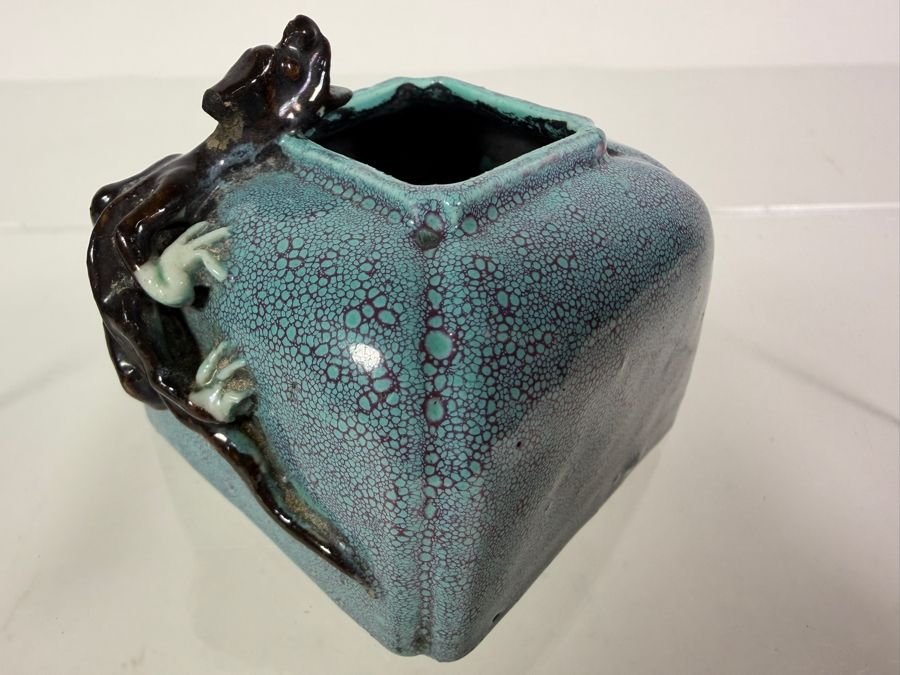 Antique Chinese Qing Dynasty Robin Egg Glazed Porcelain Square Scholar's Water Pot Used for Chinese Calligraphy and Painting With Applied Chilong Dragon 2.5'W X 2'D X 2'H [Photo 4]