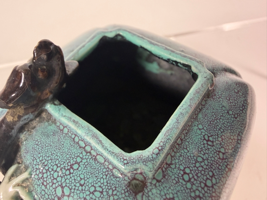 Antique Chinese Qing Dynasty Robin Egg Glazed Porcelain Square Scholar's Water Pot Used for Chinese Calligraphy and Painting With Applied Chilong Dragon 2.5'W X 2'D X 2'H [Photo 6]