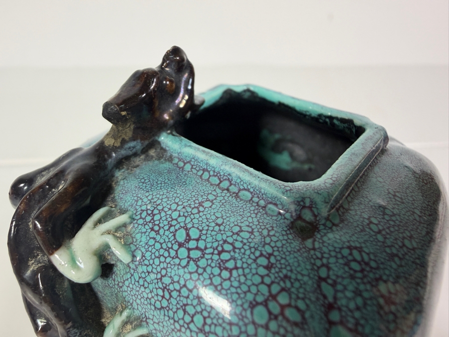 Antique Chinese Qing Dynasty Robin Egg Glazed Porcelain Square Scholar's Water Pot Used for Chinese Calligraphy and Painting With Applied Chilong Dragon 2.5'W X 2'D X 2'H [Photo 5]