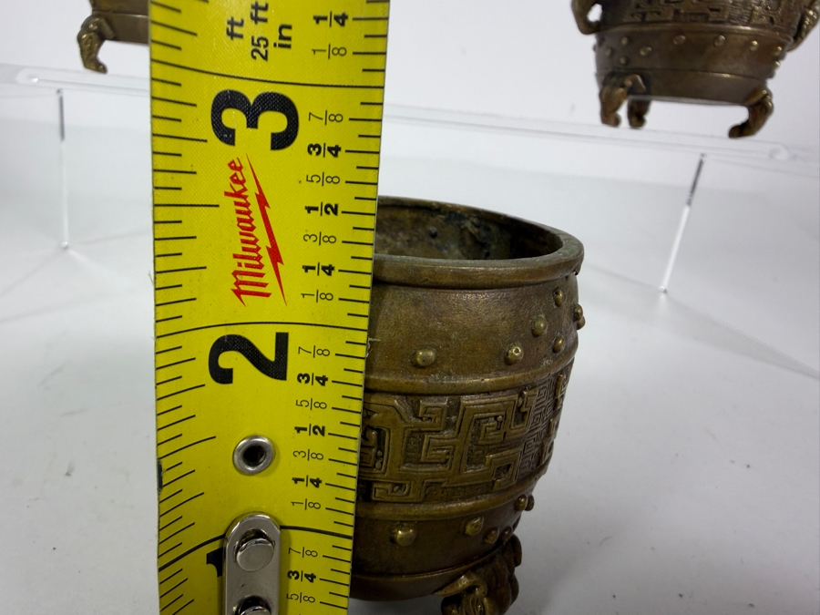 Set Of 3 Antique Chinese Archaistic Patinated Bronze Tripod Ding Scholar's Desk Censers With Xuande Nian Zhi Mark 2.25'H [Photo 7]