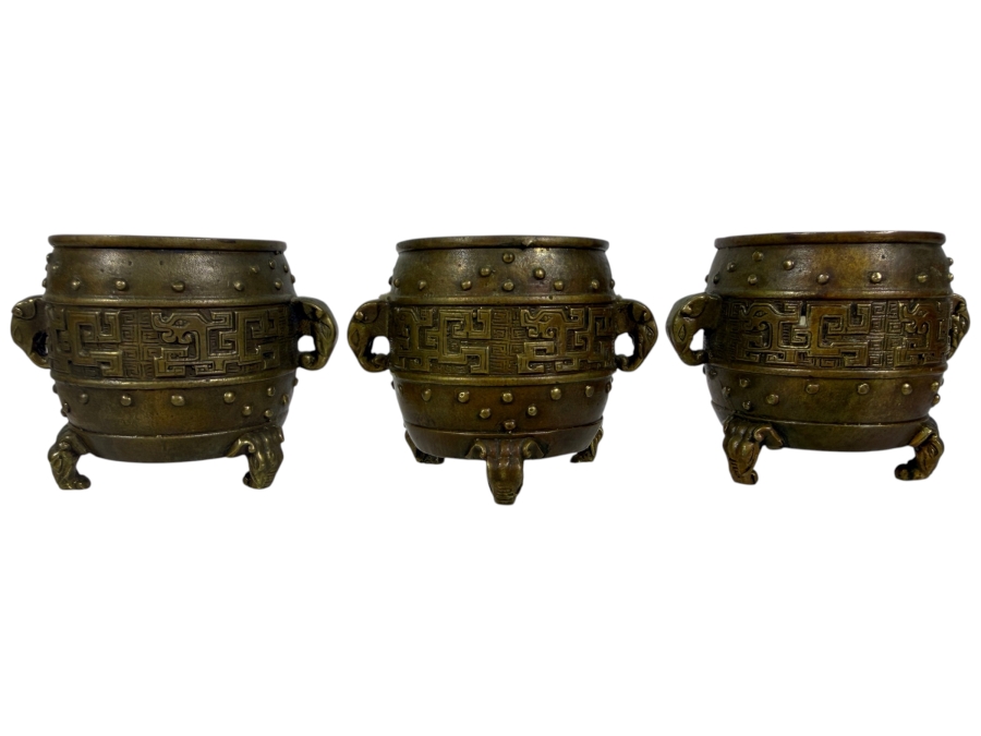 Set Of 3 Antique Chinese Archaistic Patinated Bronze Tripod Ding Scholar's Desk Censers With Xuande Nian Zhi Mark 2.25'H