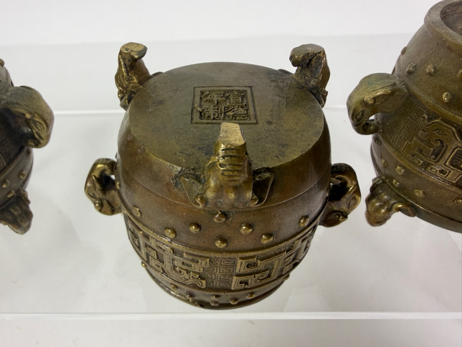 Set Of 3 Antique Chinese Archaistic Patinated Bronze Tripod Ding Scholar's Desk Censers With Xuande Nian Zhi Mark 2.25'H [Photo 4]