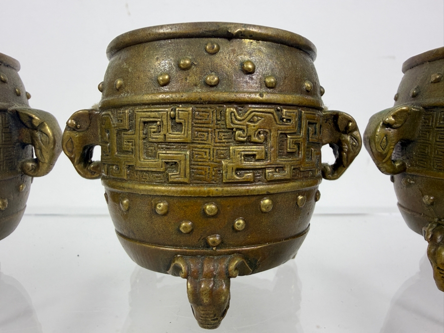 Set Of 3 Antique Chinese Archaistic Patinated Bronze Tripod Ding Scholar's Desk Censers With Xuande Nian Zhi Mark 2.25'H [Photo 2]