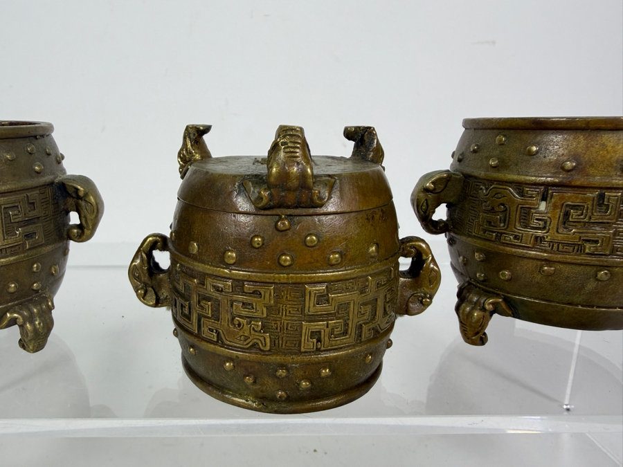 Set Of 3 Antique Chinese Archaistic Patinated Bronze Tripod Ding Scholar's Desk Censers With Xuande Nian Zhi Mark 2.25'H [Photo 6]