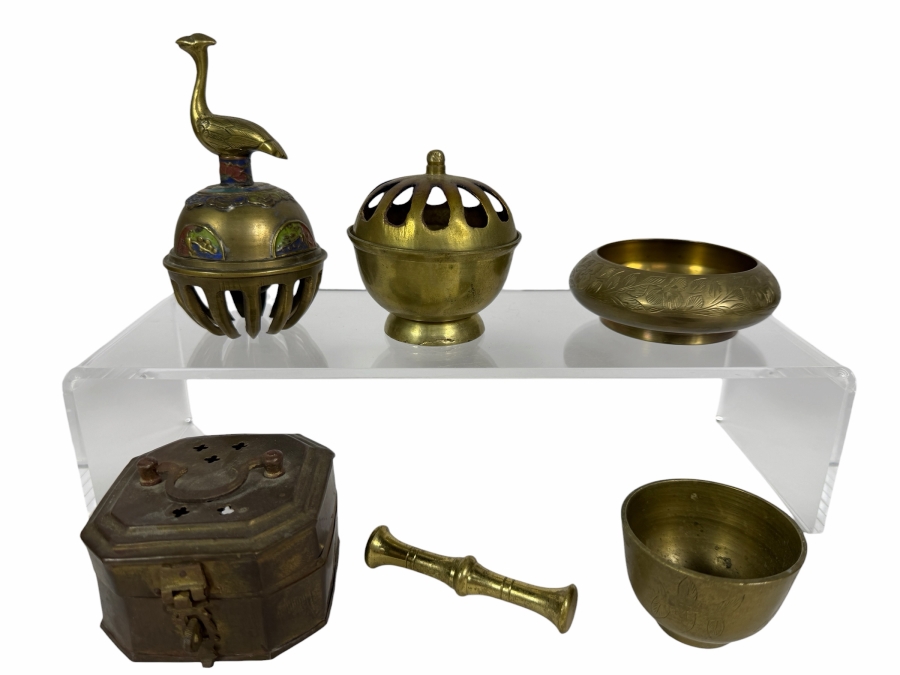 Six Piece Lot Vintage Asian Patinated Brass Decorative Objects Including Peacock Bell And Lidded Censers