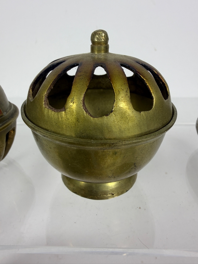 Six Piece Lot Vintage Asian Patinated Brass Decorative Objects Including Peacock Bell And Lidded Censers [Photo 3]