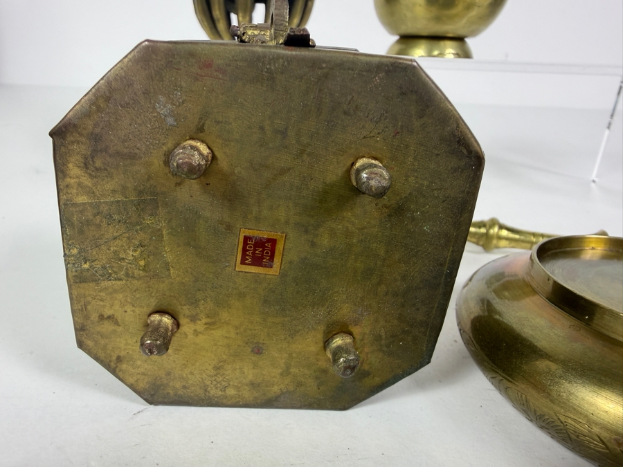 Six Piece Lot Vintage Asian Patinated Brass Decorative Objects Including Peacock Bell And Lidded Censers [Photo 10]