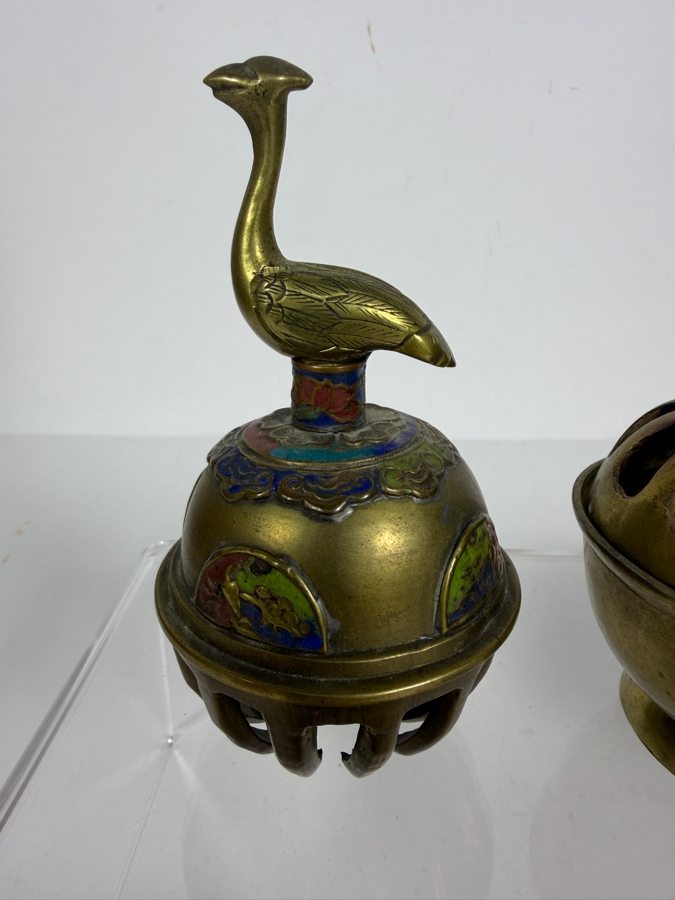 Six Piece Lot Vintage Asian Patinated Brass Decorative Objects Including Peacock Bell And Lidded Censers [Photo 2]