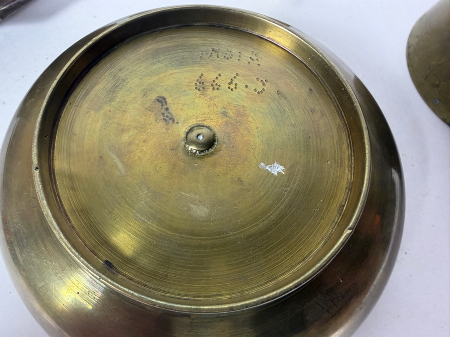 Six Piece Lot Vintage Asian Patinated Brass Decorative Objects Including Peacock Bell And Lidded Censers [Photo 9]