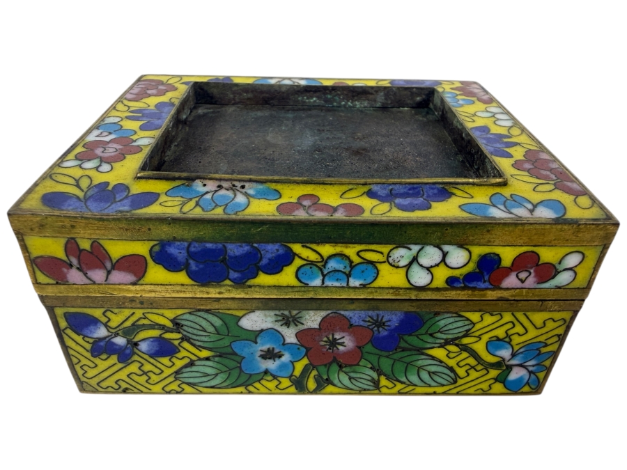 Antique Chinese Yellow Ground Cloisonne Enamel Polychrome Floral Square Box 4'W X 3'D X 1.75'H