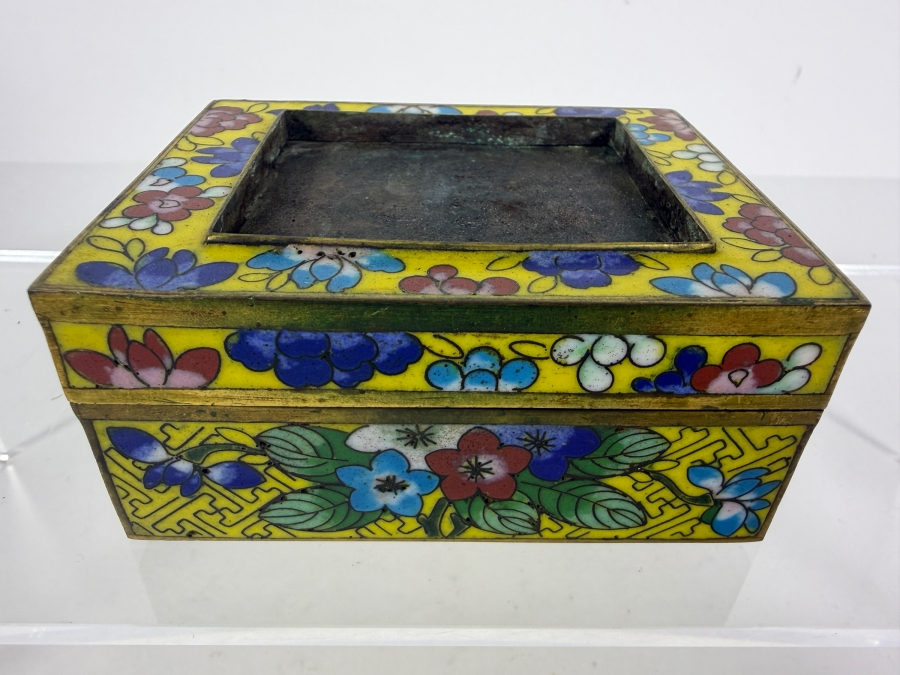 Antique Chinese Yellow Ground Cloisonne Enamel Polychrome Floral Square Box 4'W X 3'D X 1.75'H [Photo 2]