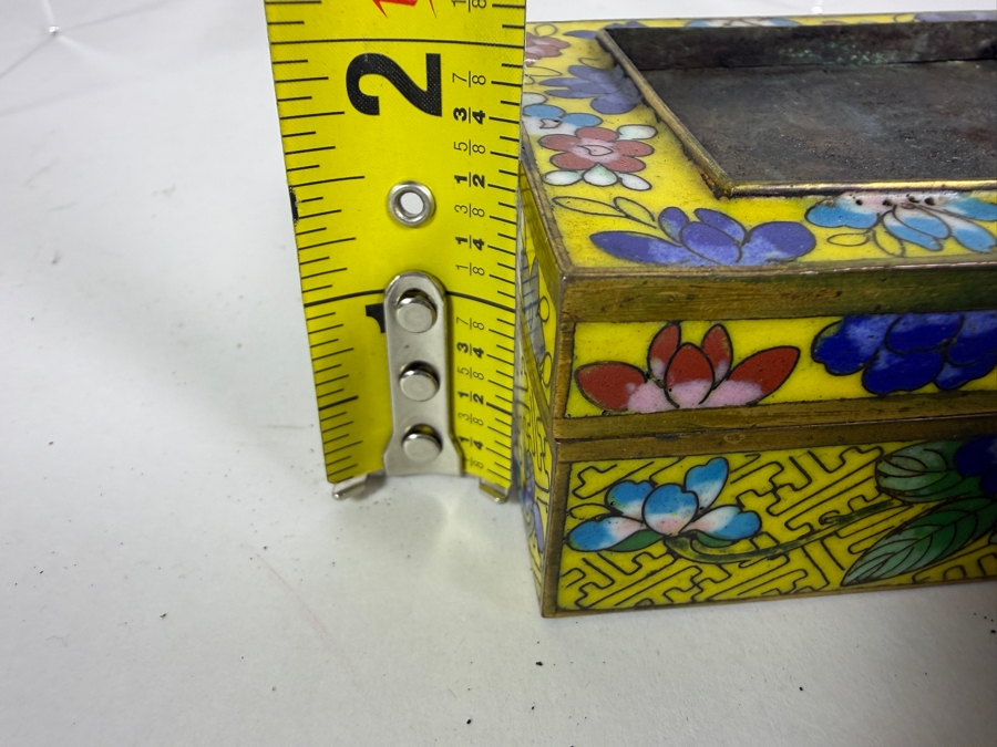 Antique Chinese Yellow Ground Cloisonne Enamel Polychrome Floral Square Box 4'W X 3'D X 1.75'H [Photo 10]