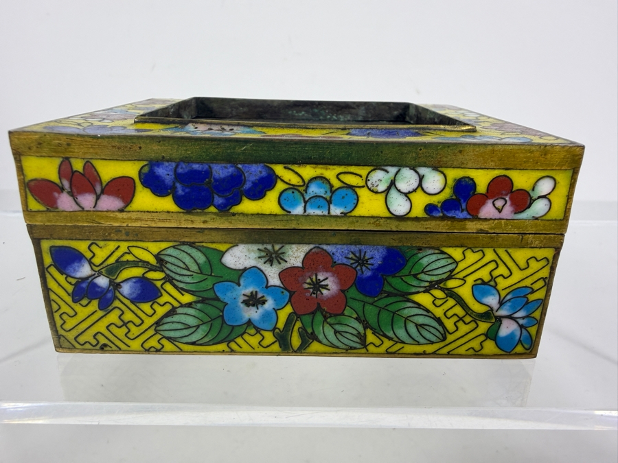 Antique Chinese Yellow Ground Cloisonne Enamel Polychrome Floral Square Box 4'W X 3'D X 1.75'H [Photo 4]