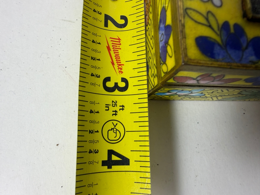 Antique Chinese Yellow Ground Cloisonne Enamel Polychrome Floral Square Box 4'W X 3'D X 1.75'H [Photo 9]