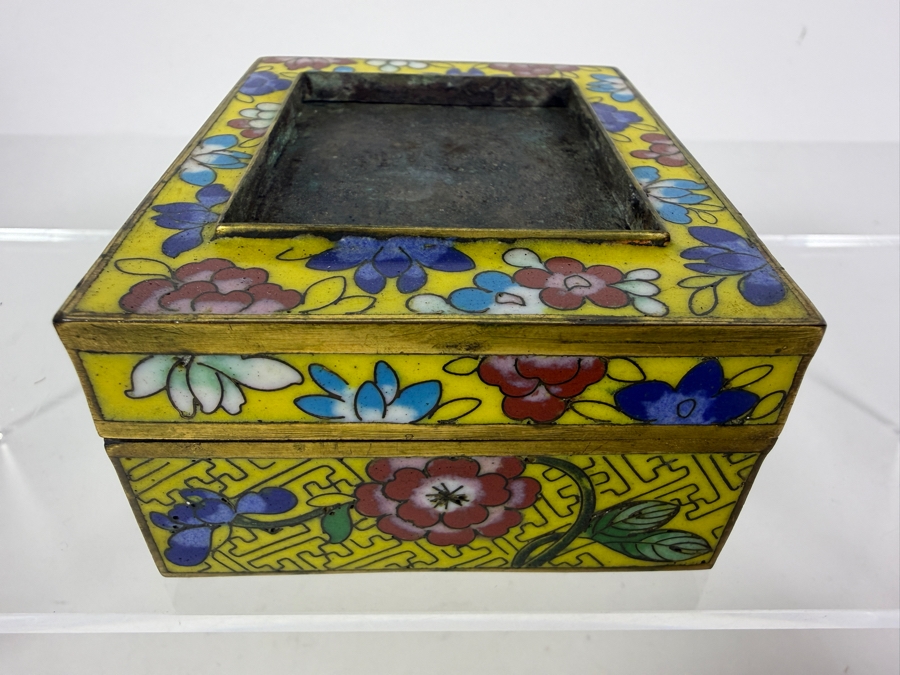 Antique Chinese Yellow Ground Cloisonne Enamel Polychrome Floral Square Box 4'W X 3'D X 1.75'H [Photo 5]