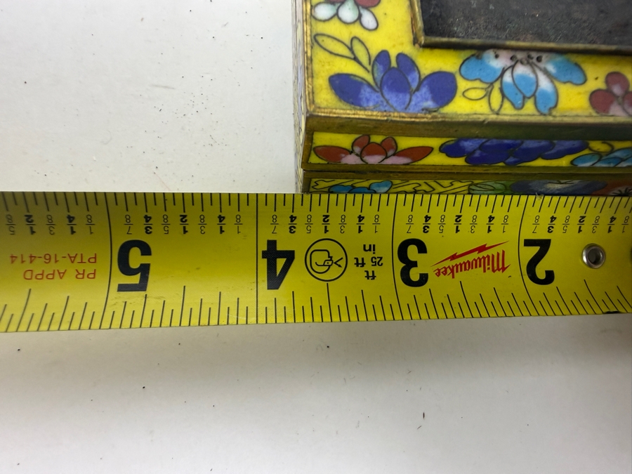 Antique Chinese Yellow Ground Cloisonne Enamel Polychrome Floral Square Box 4'W X 3'D X 1.75'H [Photo 8]