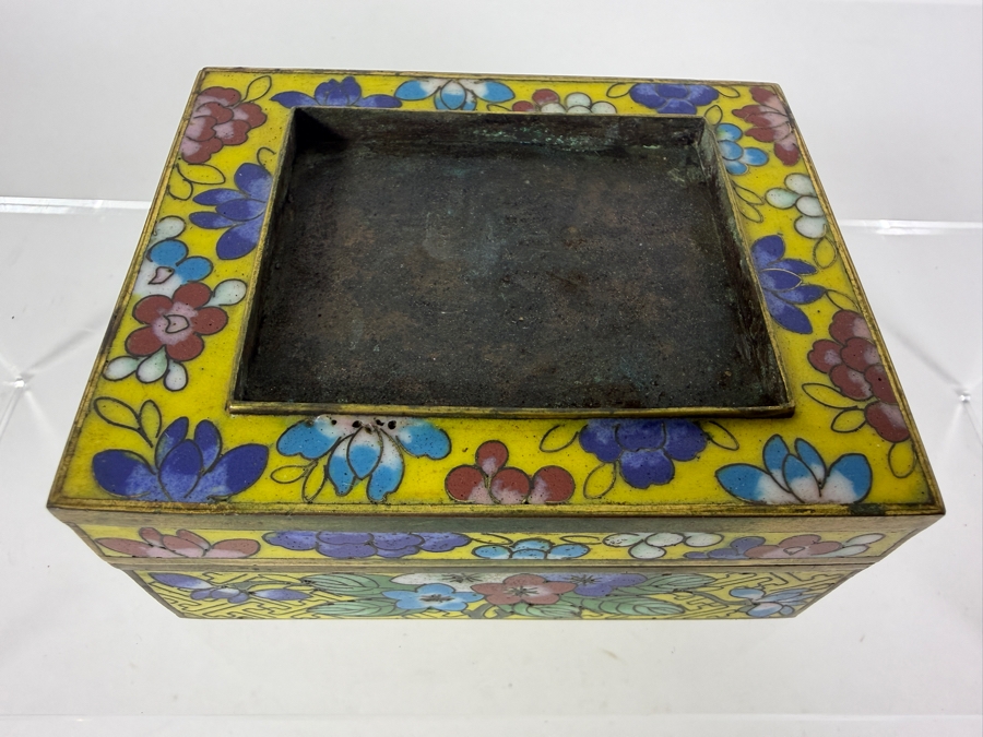 Antique Chinese Yellow Ground Cloisonne Enamel Polychrome Floral Square Box 4'W X 3'D X 1.75'H [Photo 3]