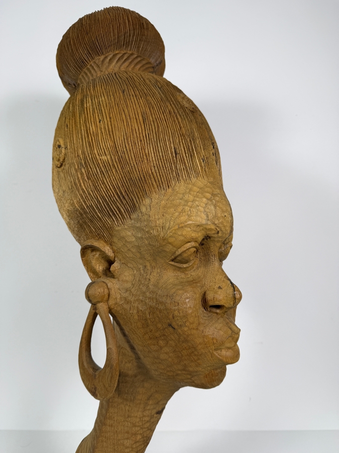 Vintage 1980 Nigerian Hardwood Woman Bust Sculpture Hand Carved By Felix Eboigbe (1944–2025) 26'H [Photo 4]