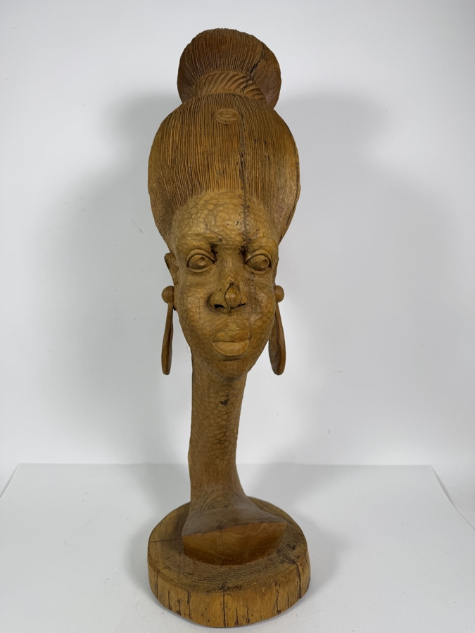 Vintage 1980 Nigerian Hardwood Woman Bust Sculpture Hand Carved By Felix Eboigbe (1944–2025) 26'H [Photo 2]