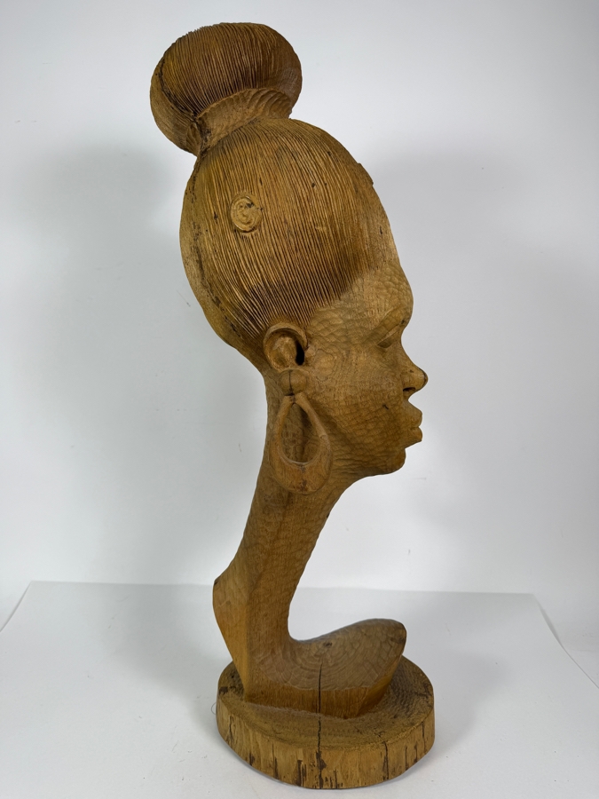 Vintage 1980 Nigerian Hardwood Woman Bust Sculpture Hand Carved By Felix Eboigbe (1944–2025) 26'H [Photo 6]