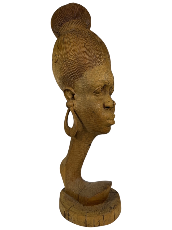 Vintage 1980 Nigerian Hardwood Woman Bust Sculpture Hand Carved By Felix Eboigbe (1944–2025) 26'H
