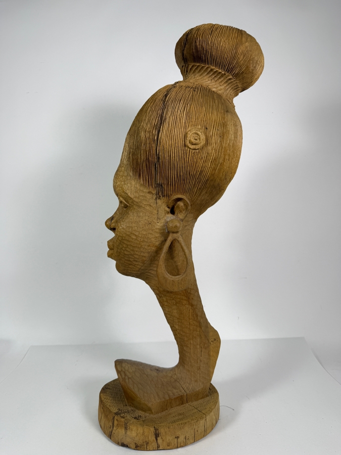 Vintage 1980 Nigerian Hardwood Woman Bust Sculpture Hand Carved By Felix Eboigbe (1944–2025) 26'H [Photo 9]