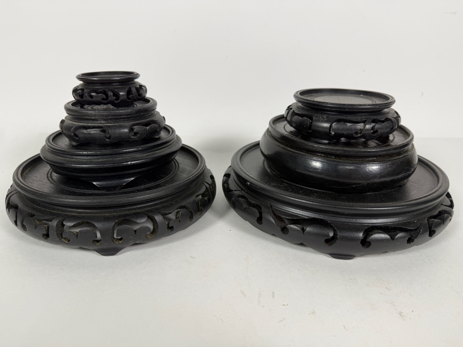 Lot Of Seven Vintage Chinese Wooden Round Display Stands [Photo 2]
