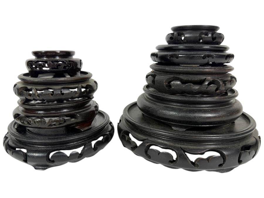 Lot Of Nine Vintage Chinese Wooden Round Display Stands