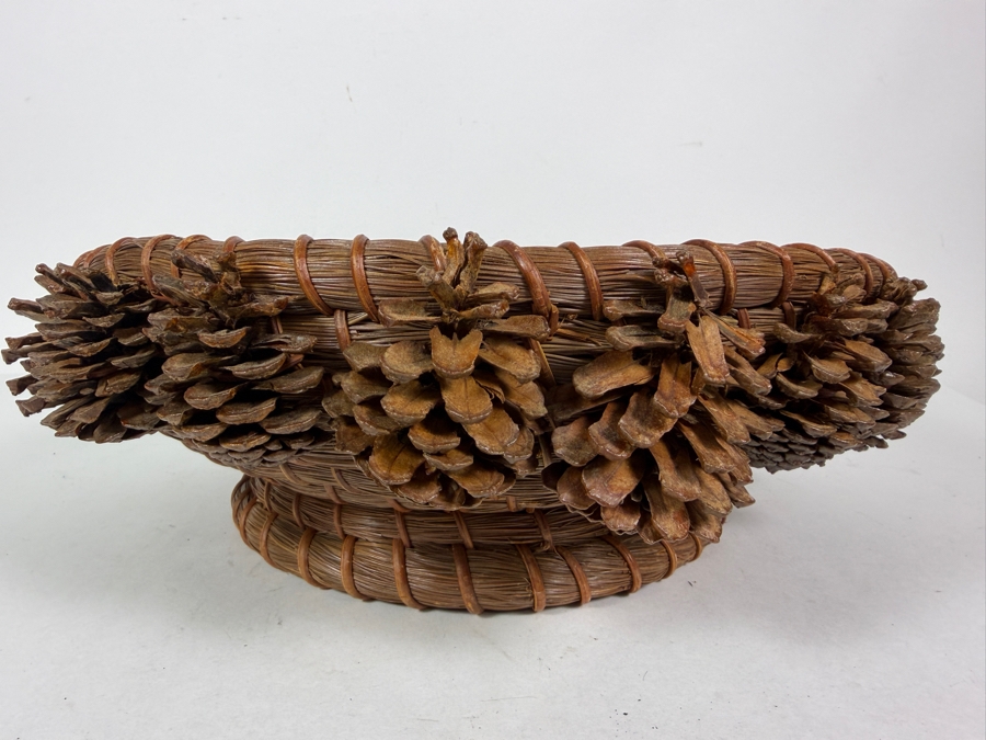 Vintage Hand Woven Coiled Longleaf Pine Needle Shallow Decorative Basket Adorned With Pinecone Border 13'W X 4.5'H [Photo 2]