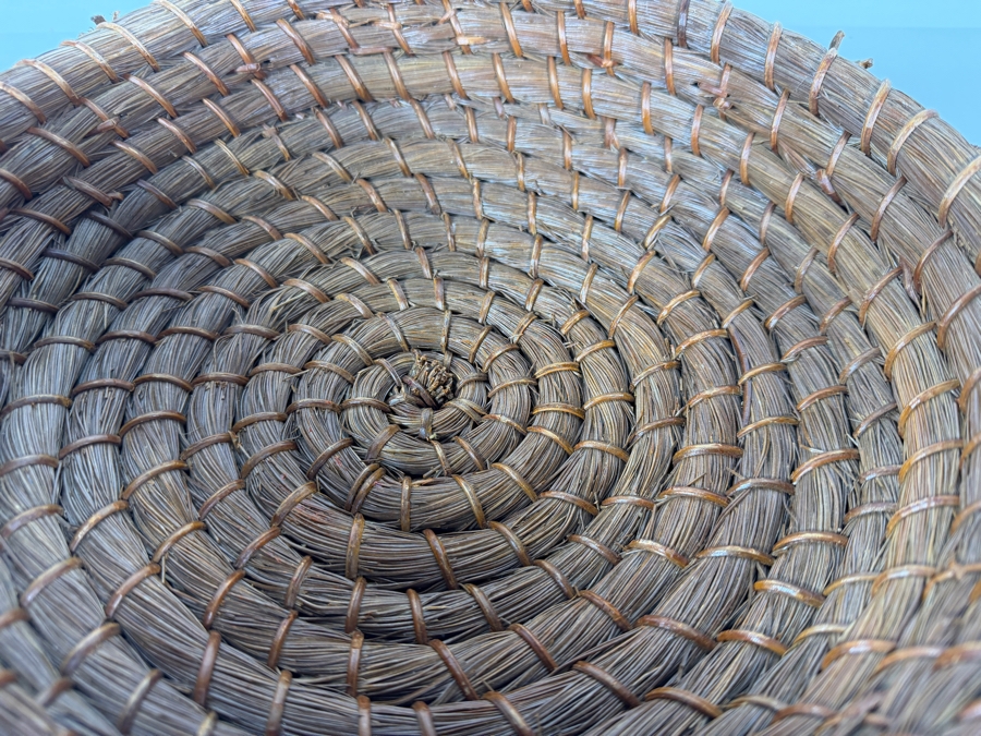 Vintage Hand Woven Coiled Longleaf Pine Needle Shallow Decorative Basket Adorned With Pinecone Border 13'W X 4.5'H [Photo 6]