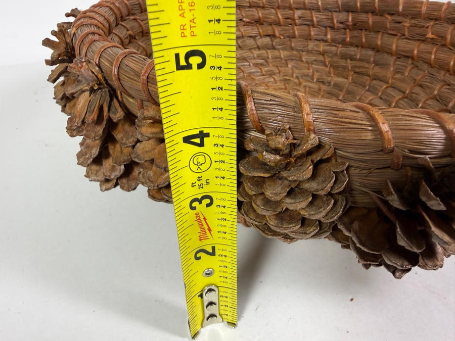 Vintage Hand Woven Coiled Longleaf Pine Needle Shallow Decorative Basket Adorned With Pinecone Border 13'W X 4.5'H [Photo 9]