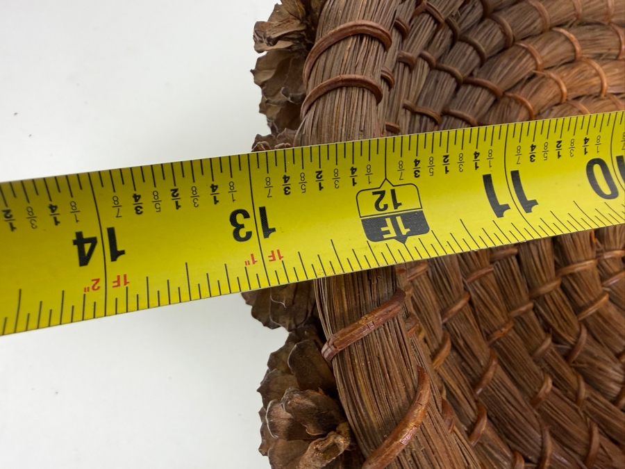 Vintage Hand Woven Coiled Longleaf Pine Needle Shallow Decorative Basket Adorned With Pinecone Border 13'W X 4.5'H [Photo 8]
